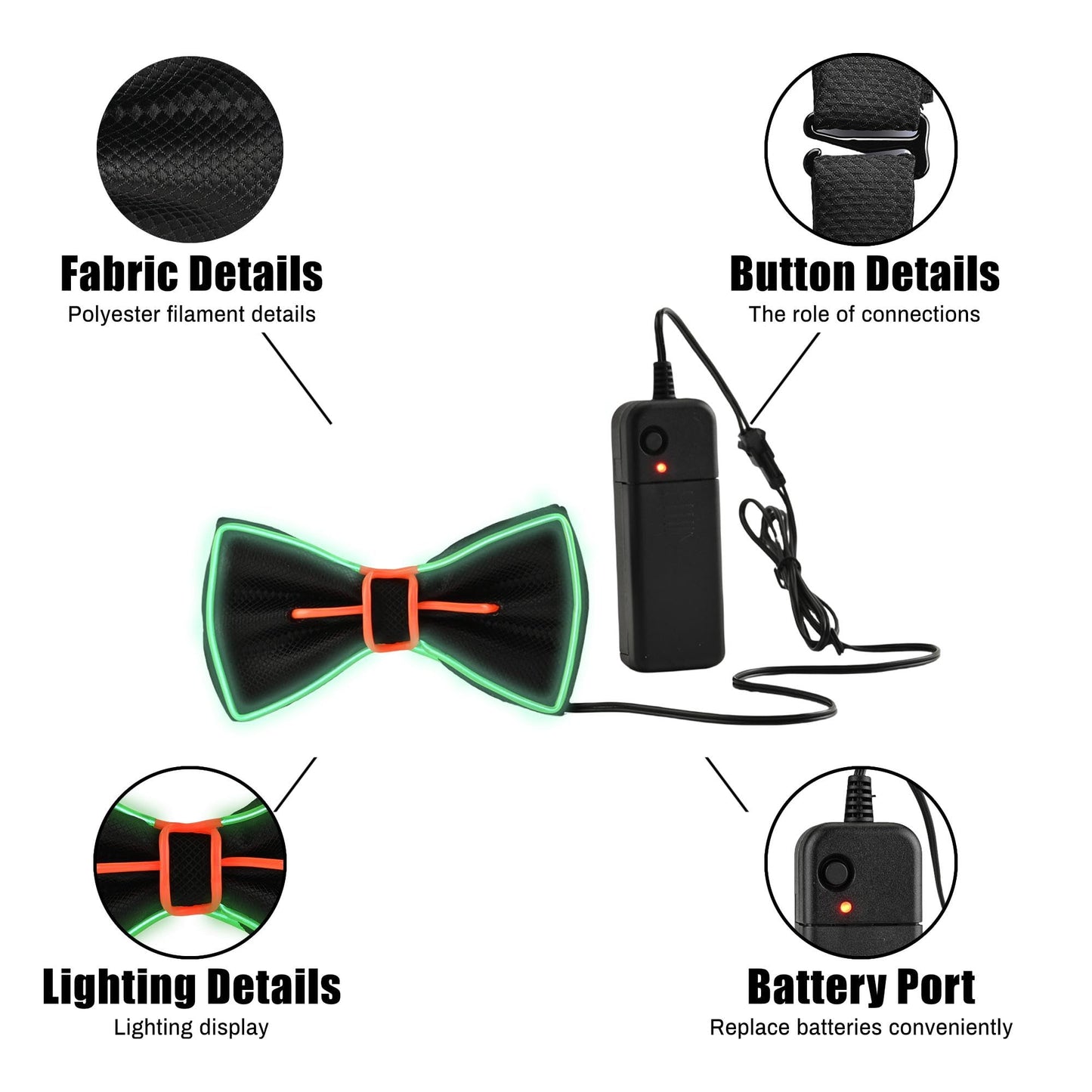 Oybete Light up BowTie For Masquerade parties Led Bow Tie For Men Women Rave Outfits Glow in The Dark Neon Accessories,Costume,Gifts (Green Red BowTie)