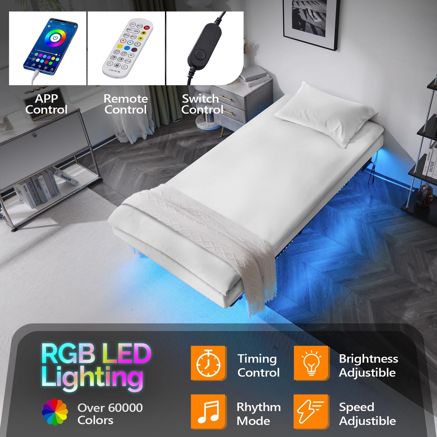 VINGLI Twin Floating Bed Frame with USB Charging Station/LED Lights, 14'' Platform Bed Frame Twin Size Heavy Duty Metal Bed, No Box Spring Needed,Black