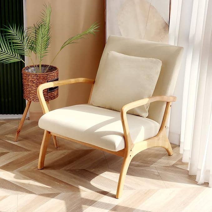 ELUCHANG Accent Chair with Lumbar Pillow,Mid-Century Modern Accent Chair Armchair, Linen Fabric Comfy Reading Chair Lounge Side Chair for Living Room Bedroom Apartment,Easy Assembly(Beige,2PCS)