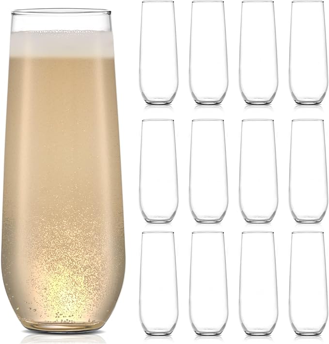 Libbey 228 Stemless Champagne Flutes Glass Set of 12, Elegant 8.5 Oz Flute Glasses for Champagne, Clear Fluted Glassware