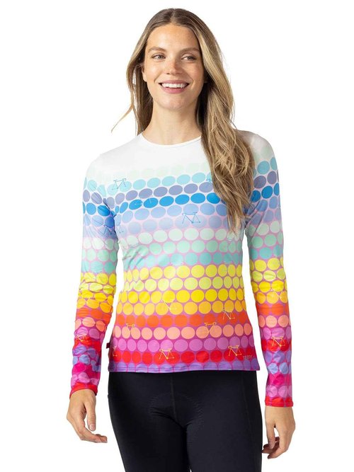 Terry Cycling Jersey Women Soleil Long Sleeve Bike Top for Women, Fitted Rash Guard Hiking Outdoor UPF 50+ Sun Shirt - Rainbow Dots, X Large