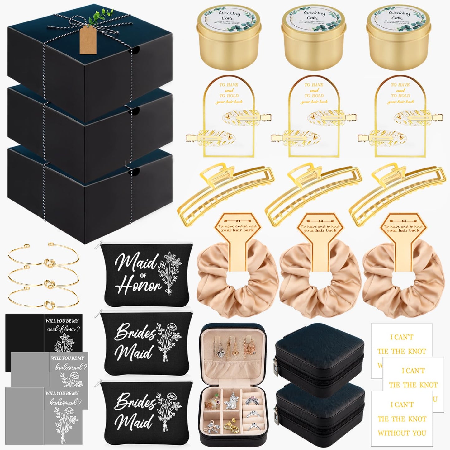 CITYCHALET 37Pcs Bridesmaid Gifts Set of 3 Black,Maid of Honor Proposal Gift Boxes Set,Cosmetic Bag Scented Candle Jewelry Box Metal Hair Clip Knot Bracelet Bachelorette Party Bridal Shower