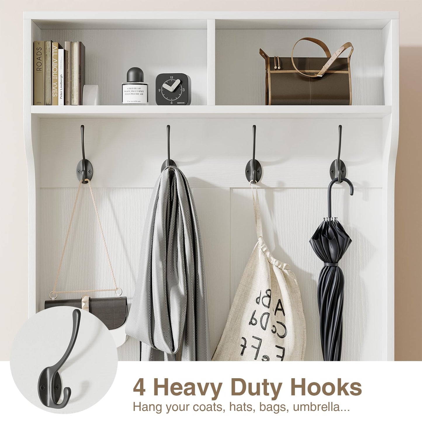 Skokliz Hall Tree with Bench & Shoe Storage - Entryway Coat Rack with 6 Compartments, 4 Hooks & Rattan Door, Soft Cushion Shoe Bench for Hallway, Living Room & Mudroom, White