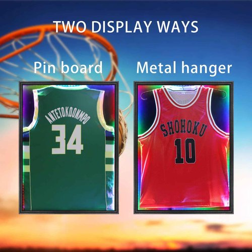 Grintus Jersey Frame Display Case,Lockable with Colorful Led Lights Display Box for Jersey Display with UV Protection Acrylic and Hanger for Baseball Basketball Football Hockey Sport Shirt,Black