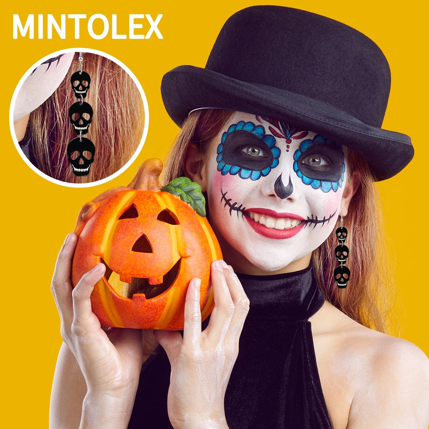 Mintolex Acrylic Halloween Earrings Black Skull Bat Drop Dangle Earrings for Women Fun Cute Spooky Halloween Holiday Costume Jewelry, Skull