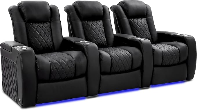 Valencia Tuscany Home Theater Seating Semi-Aniline Italian Nappa 20000 Leather Ultimate Luxury Heat & Ventilation Power Recliner Power Lumbar and Headrest (Row of 3, Onyx)