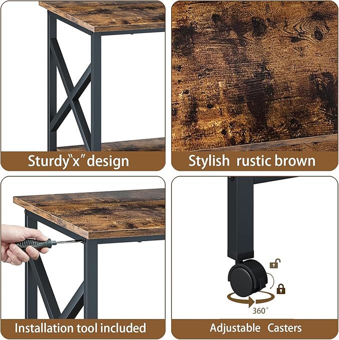 Large Printer Stand, 23.6 x 23.6 x 22.6 Inches Square Printer Table with Storage Shelf, 2 Tier Rolling Printer Cart with Industrial Wheels for Home Office Rustic Brown