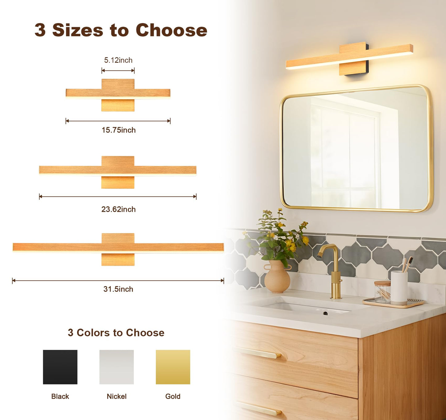 Joossnwell Bathroom Vanity Light 23.62 Inch Modern Bathroom Light Fixtures Dimmable 5CCT Led Vanity Lighting Gold and Black Bath Light Over Mirror ETL Certificated