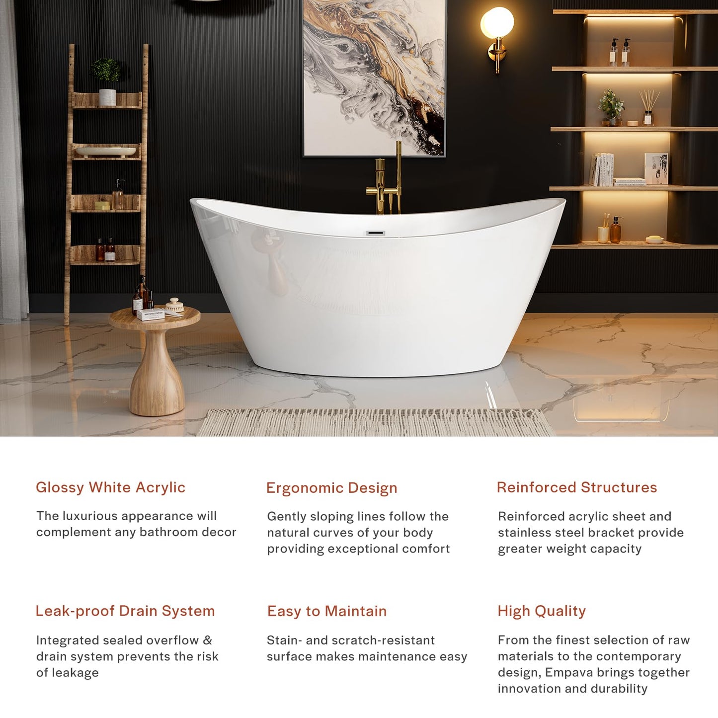 Empava 59" Freestanding Bathtub, Luxury Acrylic Soaking Tub with Custom Contemporary Design, Includes Brushed Nickel Drain and Overflow, Easy Installation, cUPC Certified, White
