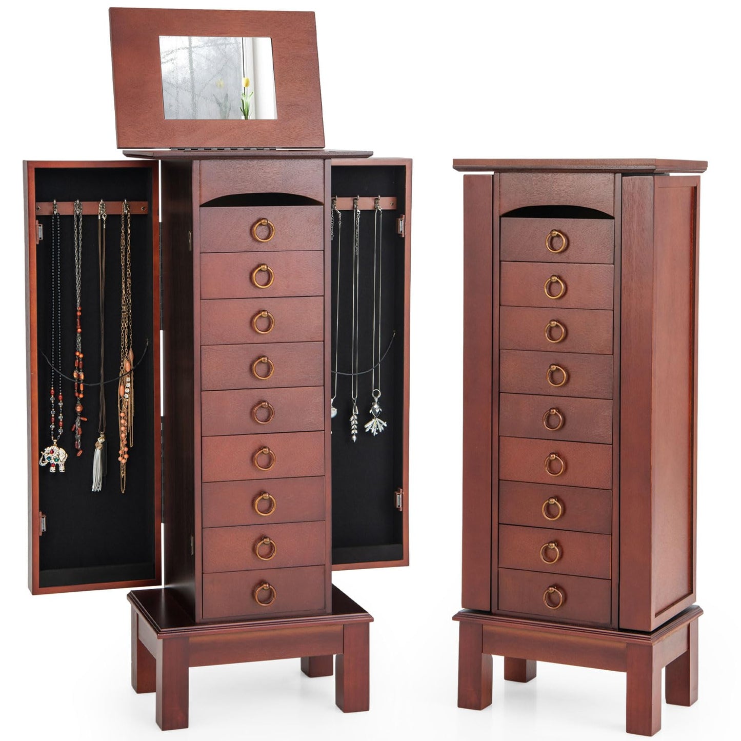 NAFORT Jewelry Armoire with Top Flip Vanity Mirror, Jewelry Cabinet with 9 Drawers and 2 Side Doors for Necklace, Large Storage Capacity Jewelry Organizer and Storage, Walnut