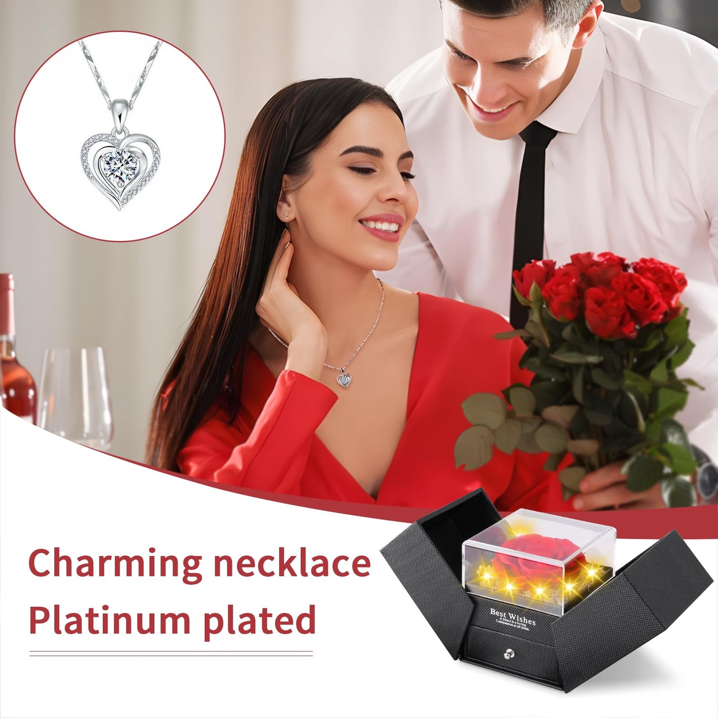 Preserved Rose with Necklace, Eternal Flowers Rose Gifts for Women [Mom Wife Girlfriend Bestie Sister] on Mothers Day Valentines Christmas Birthday Anniversary Romantic Gifts for Her (Heart Clear)