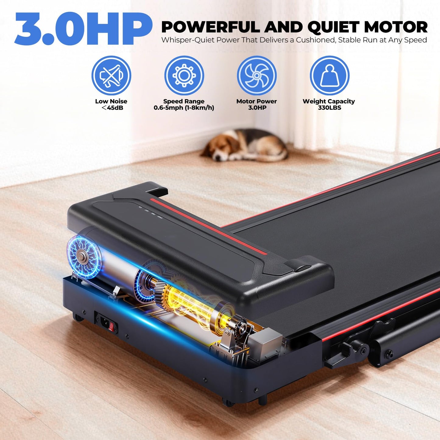 GTPLAYER Walking Pad Treadmill with Adjustable Height Handle Bar, 3HP Quiet Foldable Under Desk Treadmill, Portable Treadmills for Home 350LBS with Remote Control LED Display, Red