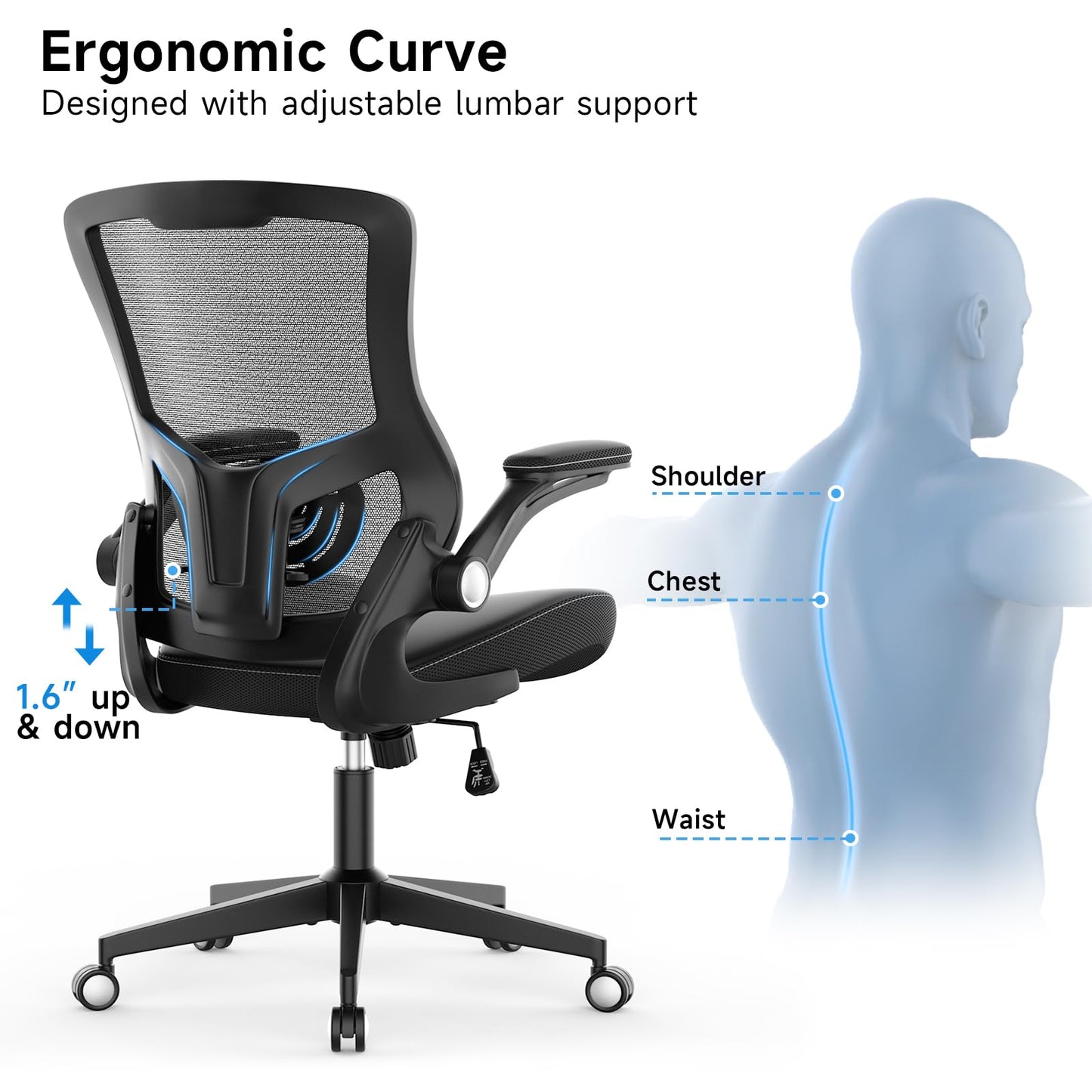 Office Chair Ergonomic Desk Chair 350lbs Comfy Mesh Computer Chair with Adjustable Lumbar Support Flip-up Armrests, Executive Rolling Swivel Comfy Task Chair for Home Office