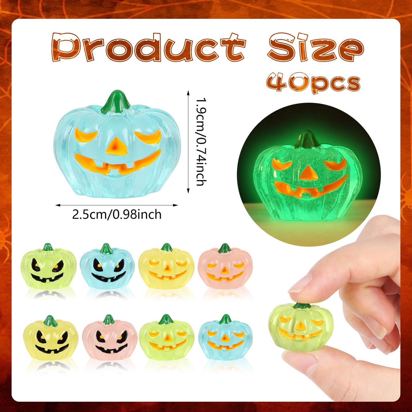 CCINEE 40Pcs Glow in The Dark Mini Pumpkins Halloween Luminous Miniature Pumpkins Halloween Mini Resin Decorations for Fall Halloween Party Gifts Home Cake Decoration
