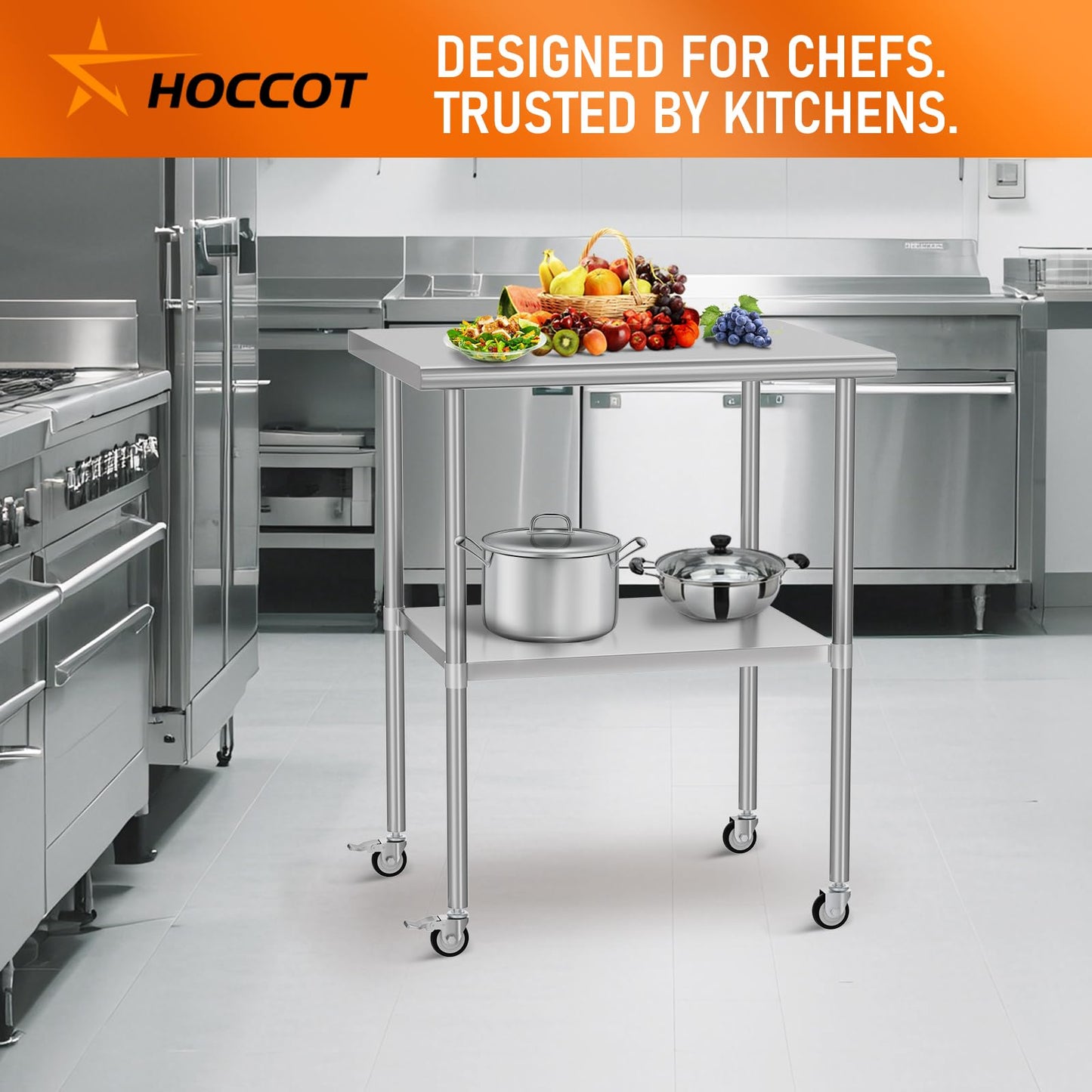 HOCCOT Stainless Steel Table with Wheels 24" x 30" Utility Worktable with Adjustable Undershelf for Commercial Kitchen, Garage, Restaurant