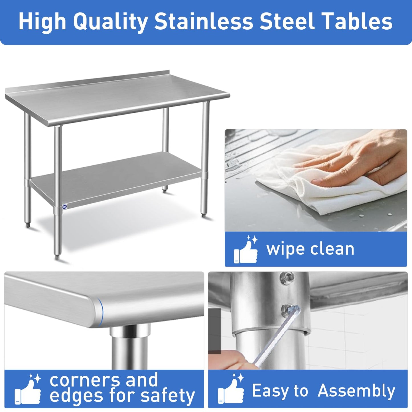 ROCKPOINT Stainless Steel Table for Prep & Work with Backsplash 30x72 Inches, NSF Metal Commercial Kitchen Heavy Duty Table with Adjustable Under Shelf and Table Foot for Restaurant, Home and Hotel