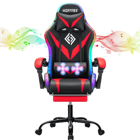 HOFFREE RGB Gaming Chair with Speakers and Massage Ergonomic Computer Chair with Lights and Footrest Reclining Video Game Chairs for Adults Red and Black
