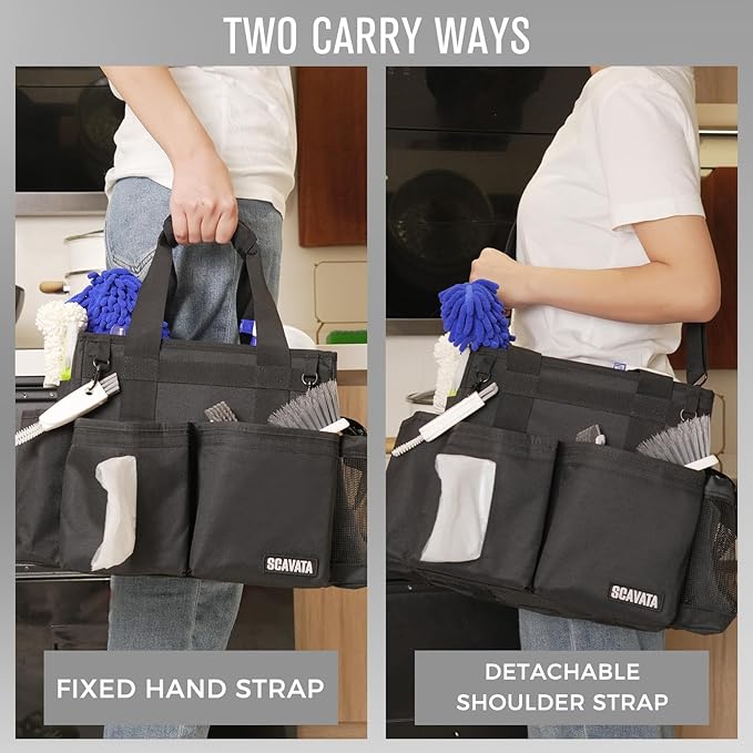 Compact Wearable Cleaning Caddy, Small Supplies Organizer with Handle & Shoulder Straps for Housekeepers, Under Sink & Car Cleaning Tool Organizer Bag (Black)