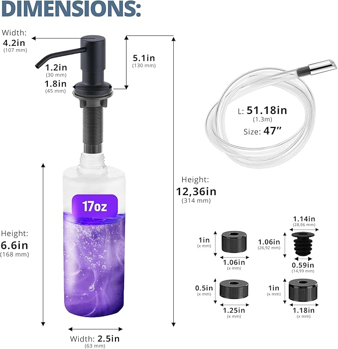 SBEN Built-in Kitchen Sink Soap Dispenser – Stainless Steel Pump, 17 oz Bottle and Extension Tube Kit 47", Upgraded Metal Check Valve, Countertop Hand Soap & Lotion Dispenser (Matte Black)