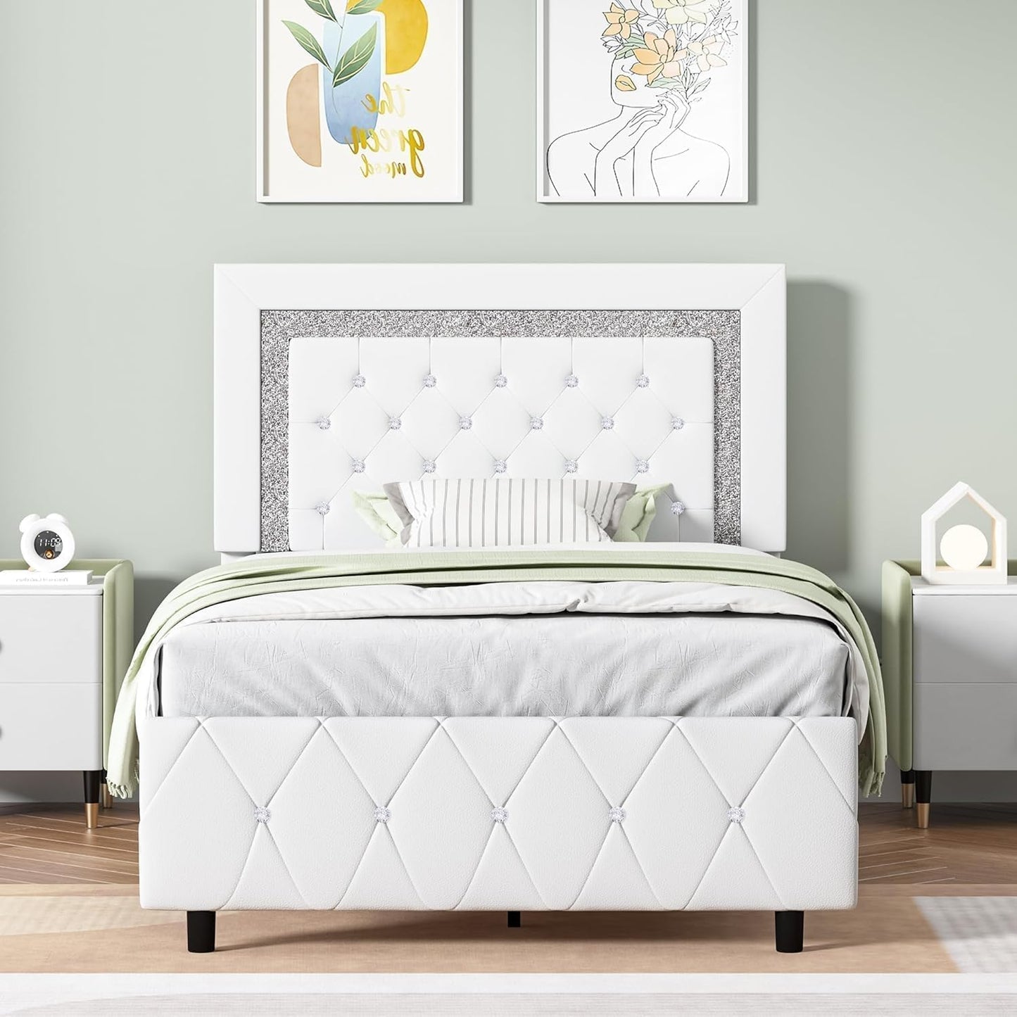 Twin Size Bed Frames, Upholstered Platform Bed with Button Tufted Headboard, Princess Platform Bed with Diamond Design, Wooden Slats Support, No Box Spring Required, Easy Assembly, White