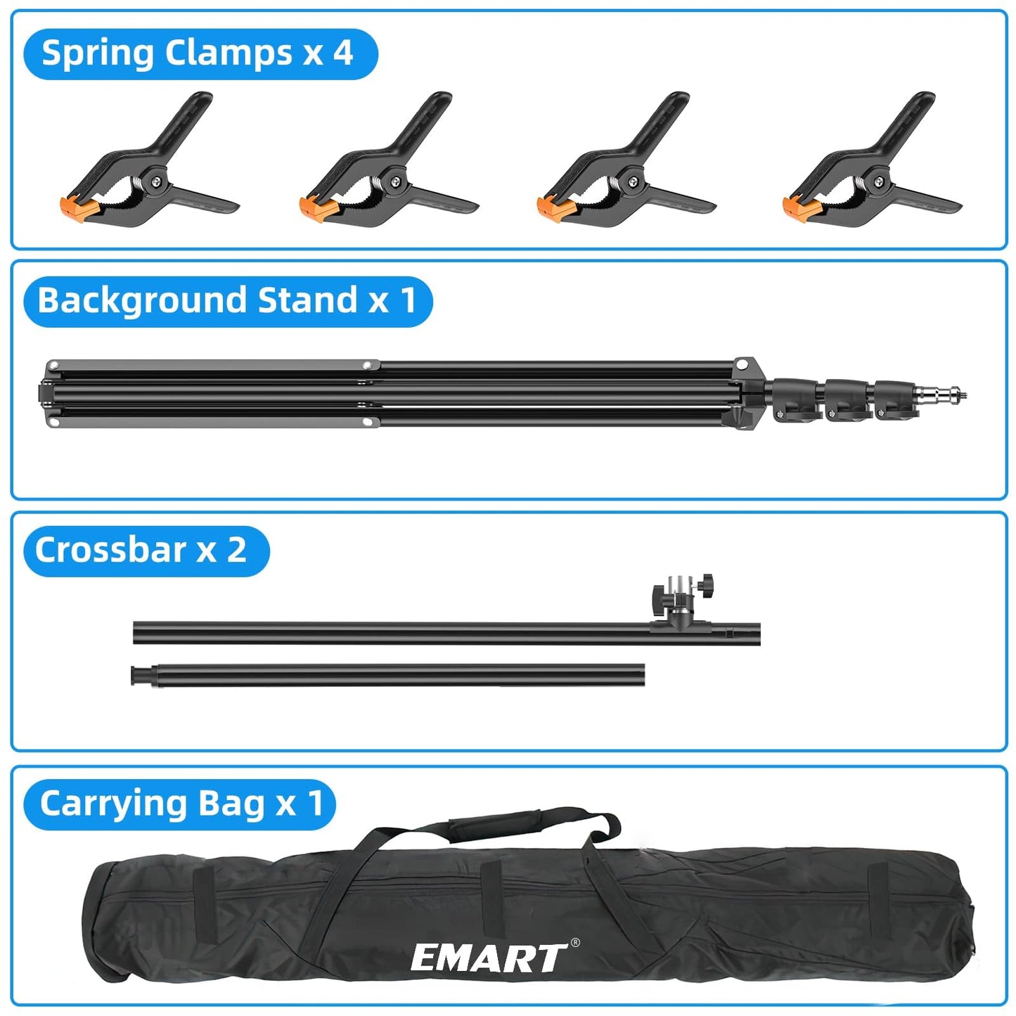 EMART 8.5 x 5ft Portable T-Shape Backdrop Stand Kit with Adjustable Frame, 4 Spring Clamps & Carry Bag for Parties, Photography, Video, and Studio Background Support