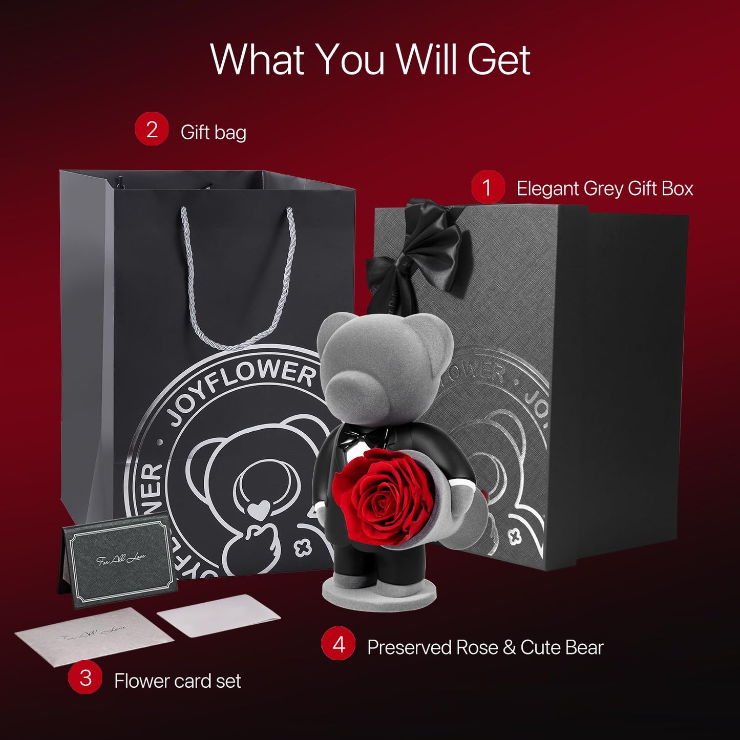JoyFlower Preserved Flowers with Cute Teddy Bear in Suit, Unique Gentleman Bear Eternal Real Red Rose Romantic Gift with Elegant Gift Box for Girlfriend Wife Her in Valentines Birthday Anniversary