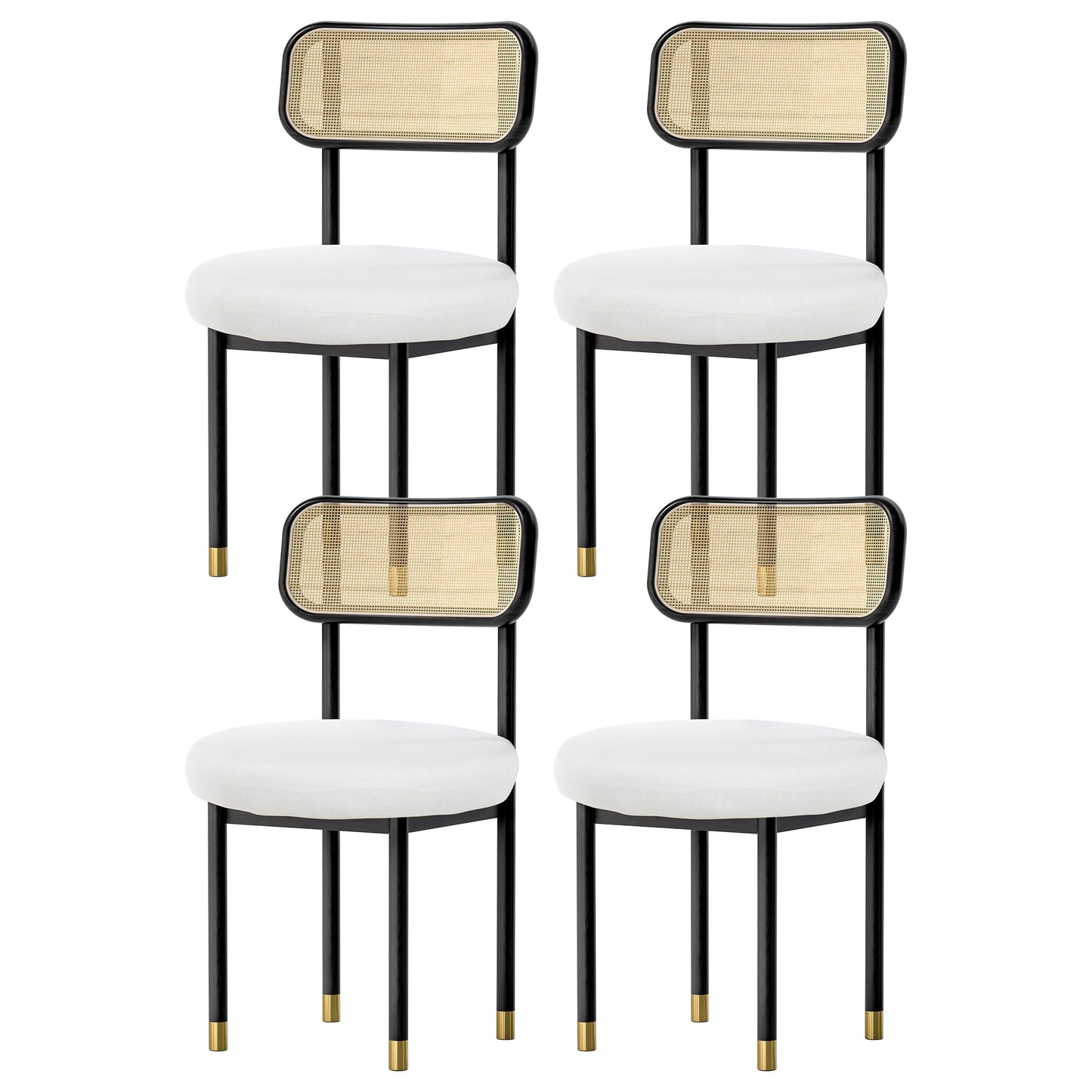 HoeuThien Upholstered Rattan Dining Chairs Set of 4, Mid Century Modern Kitchen Chairs with Curved Back and Solid Wood Legs Armless Accent Chair for Living Room Bedroom Restaurant, Black/White Linen