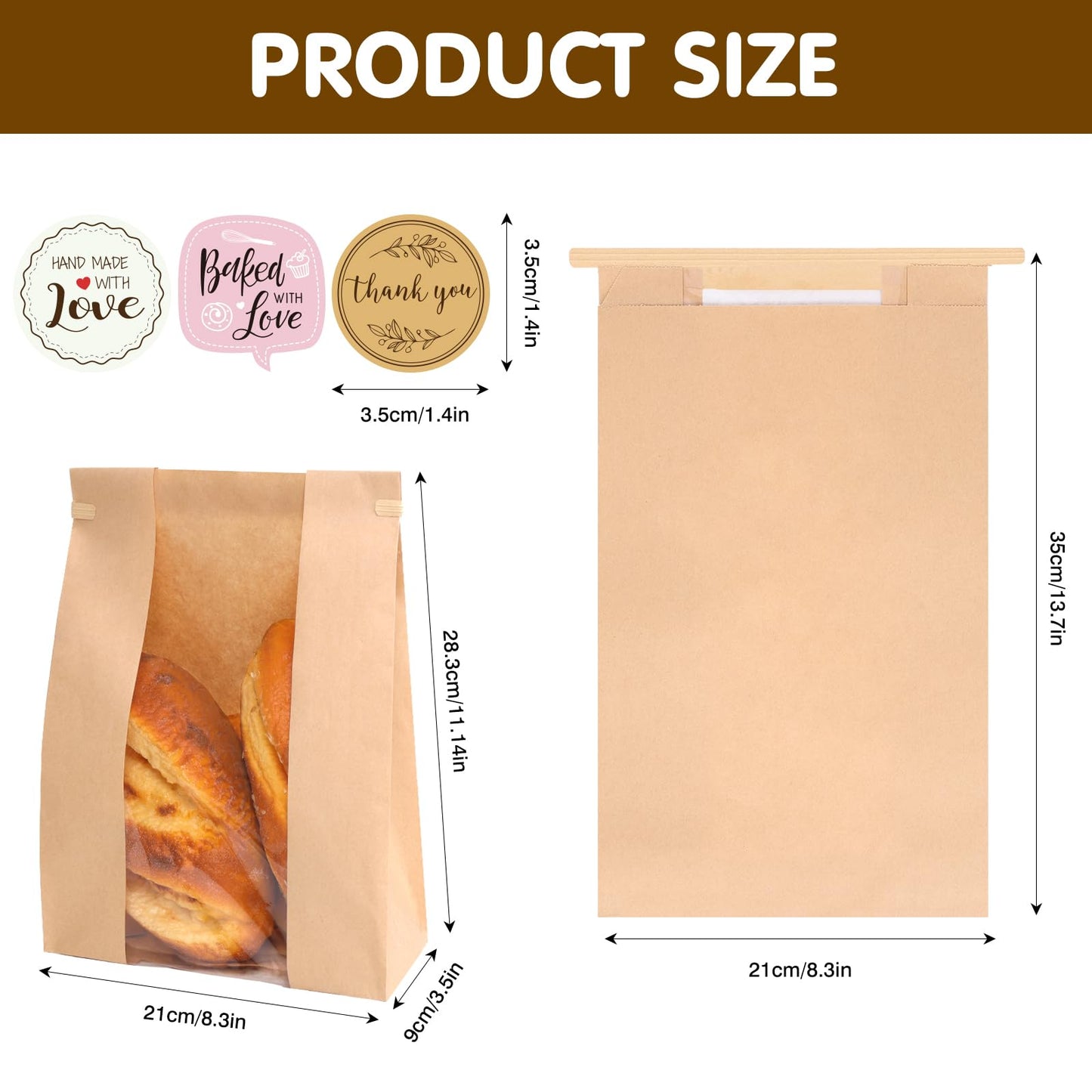 Moretoes 120 Pack Large Paper Bread Bags for Homemade Baked Goods, 13.7x8.3x3.5 Inches, Sourdough Bread Bags with Tin Tie Tab and Clear Front Window, Includes 144 Label Seal Stickers (Brown)