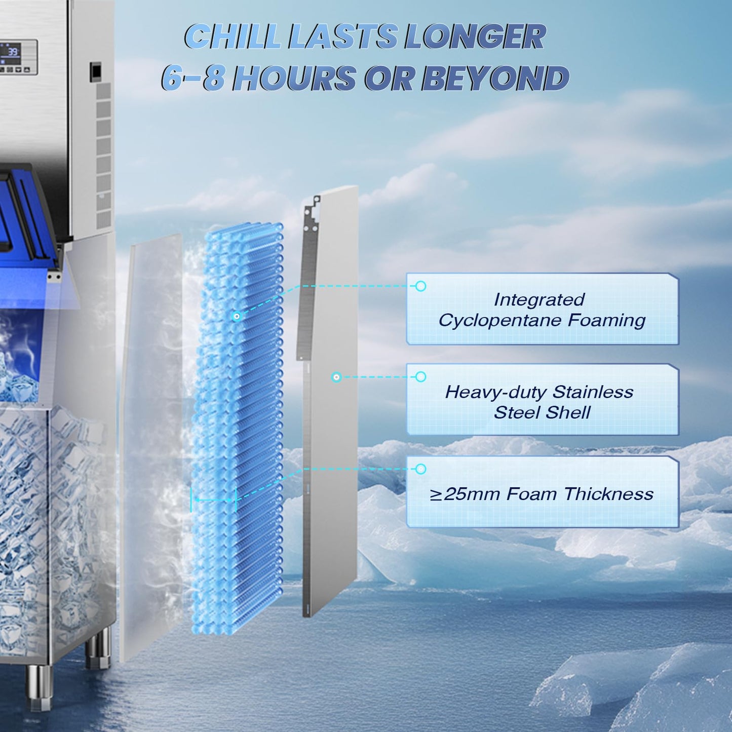 680 LBS/24H Commercial Ice Machine with 560 LBS Storage Bin, Ice Cubes Ready in 5-15 min, Stainless Steel Industrial Ice Maker, Self-Cleaning, Timing Function, Adjustable Ice Thicknesses