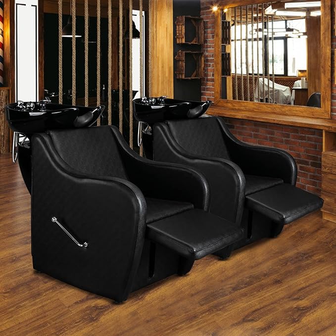 OmySalon Backwash Shampoo Unit for Salon, Hair Washing Station with Ceramic Bowl Adjustable Footrest, Chair Sink Barber Shop Beauty Equipment