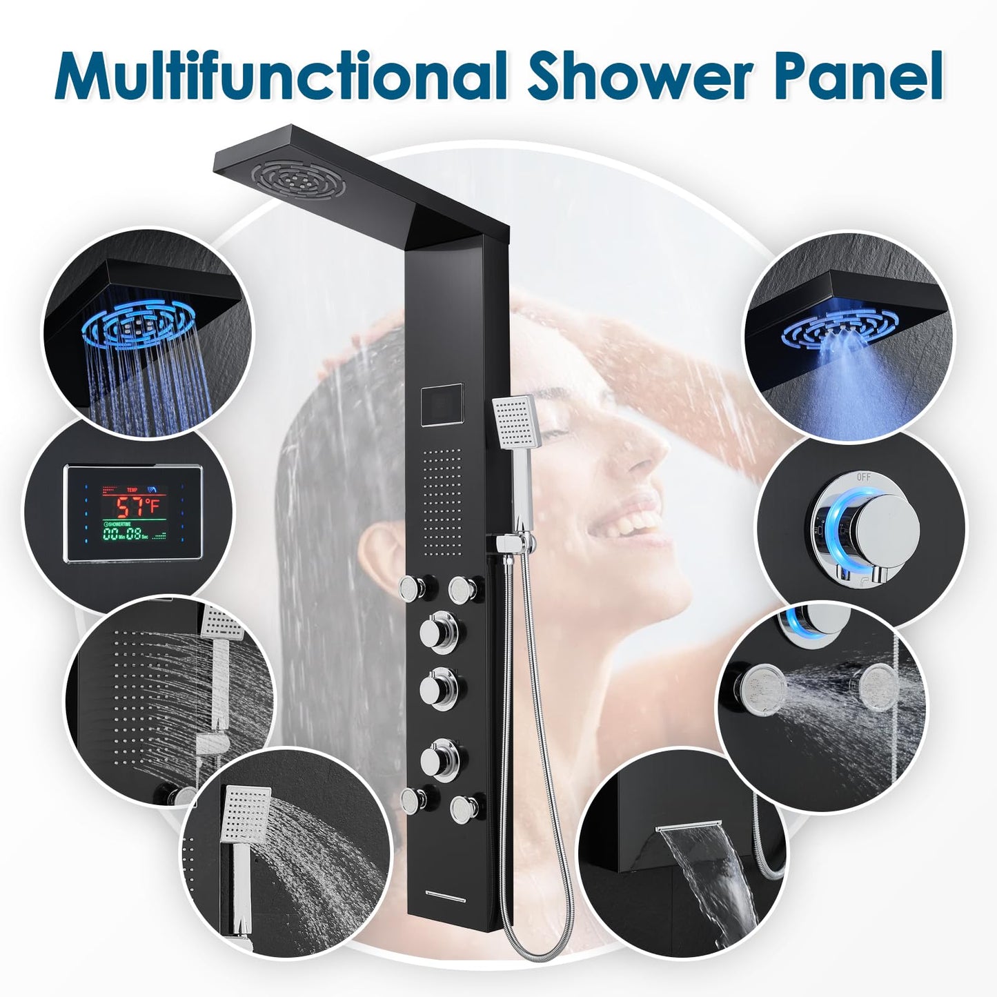 ROVOGO Led Shower Panel Tower System with Mist Rainfall Shower, Body Jets, Handheld and Tub Spout, Hydroelectric Led Lights and Temp Display No Battery Needed, Simultaneous Shower Column Black