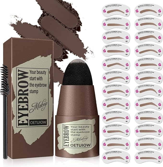 Eyebrow Stamp Stencil Kit - One-Step Eye Brow Stencil Kit with 24 Reusable Thin & Thick Eyebrow Stencils, Long-Lasting Waterproof & Smudge-Proof Brow Stamp Kit for Perfect Eye Makeup (Black Brown)