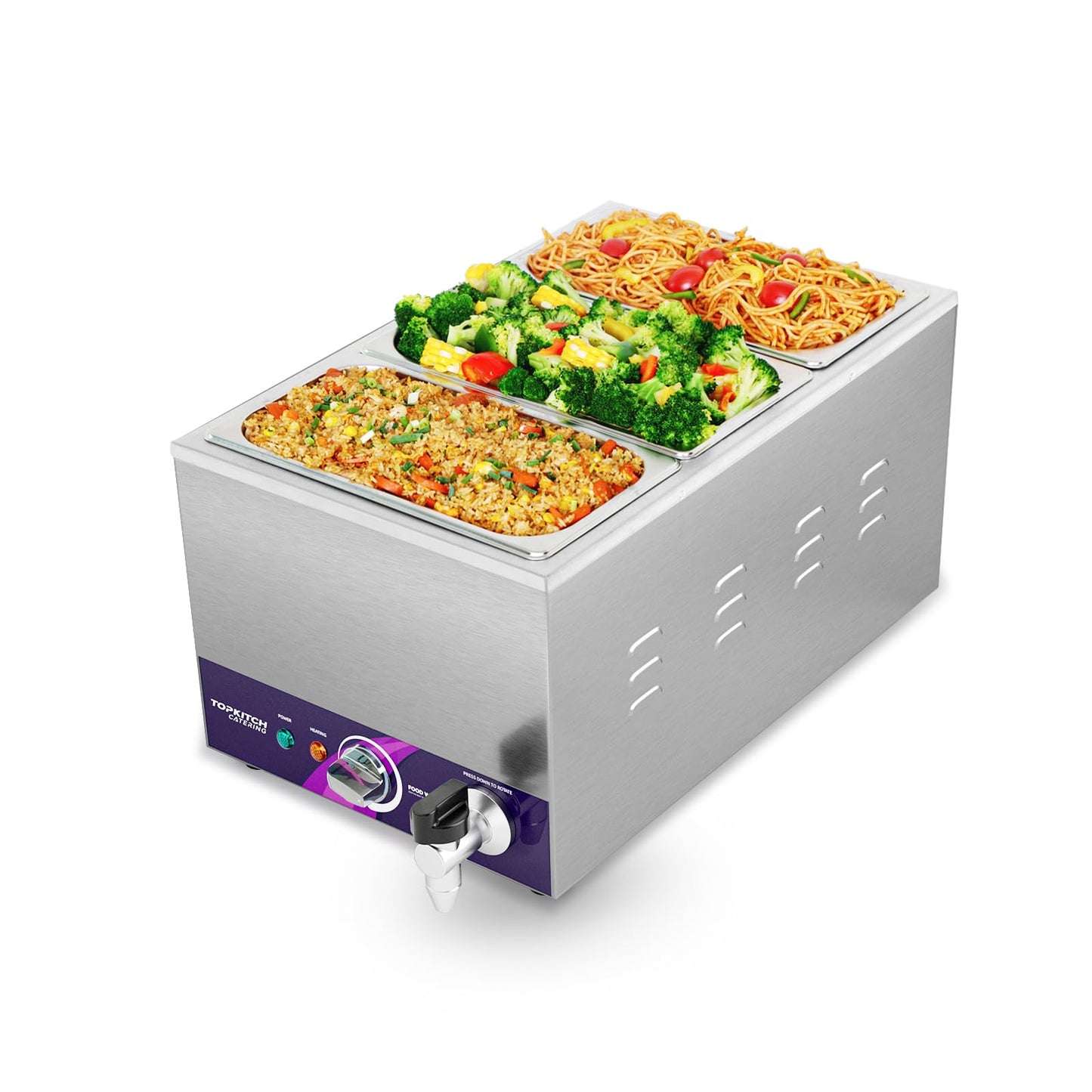 TOPKITCH 3-Pan Commercial Food Warmer with Non-Leakage Stretch-Forming Water Tank &3 of 1/3 Size GN Pan,Countertop Soup Station Bain Marie with Drain Tap for Buffet,Catering,Parties and Restaurants
