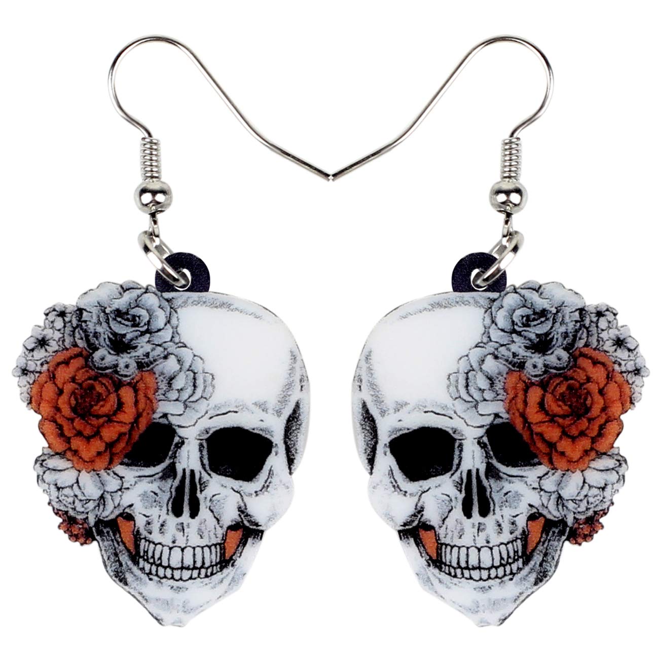 Bonsny Acrylic Drop Dangle Halloween Rose Flower Skeleton Skull Earrings Punk Jewelry For Women Gift