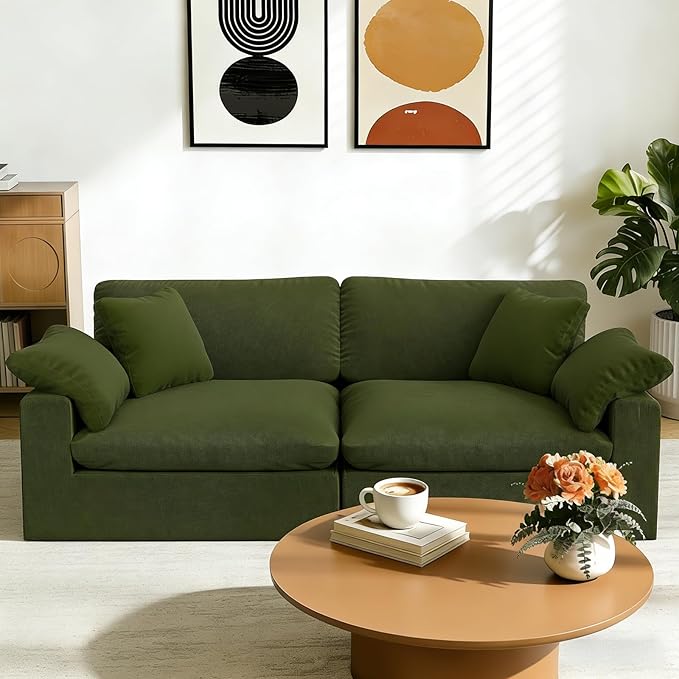 Forest aesthetics Modular Sectional Sofa Cloud Couch,78.6" Down Filled Comfy Cloud Modern Sofa,2 Seater with Green Linen Couch Cushion Covers Removable Furniture for Living Room