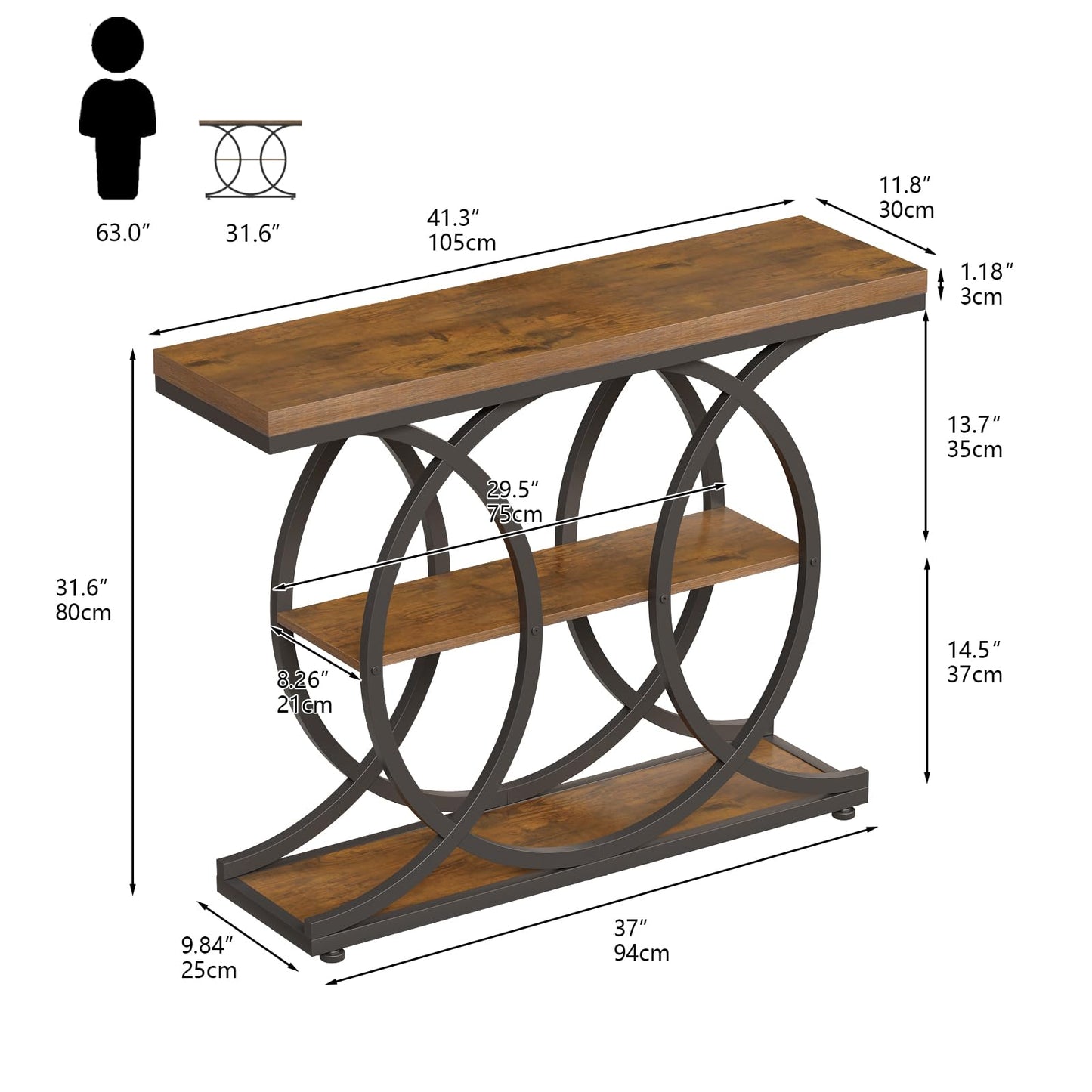 GiftGo Narrow Console Table for Entryway Industrial 3-Tier Sofa Table Behind Couch with Circle Base Wooden Accent Wall Tables with Storage Shelves for Living Room, Hallway, Foyer (Rustic Brown)