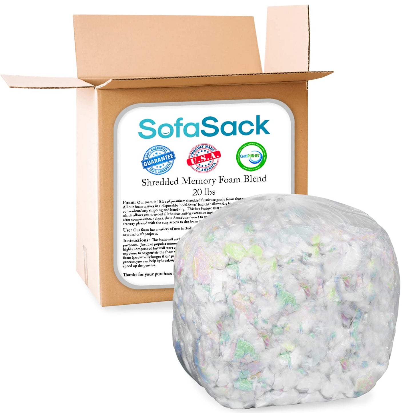 Sofa Sack Shredded Foam Refill: Memory Foam Filling Refill for Bean Bags, Dog Beds and Pillows, 20lbs, Multi-Color