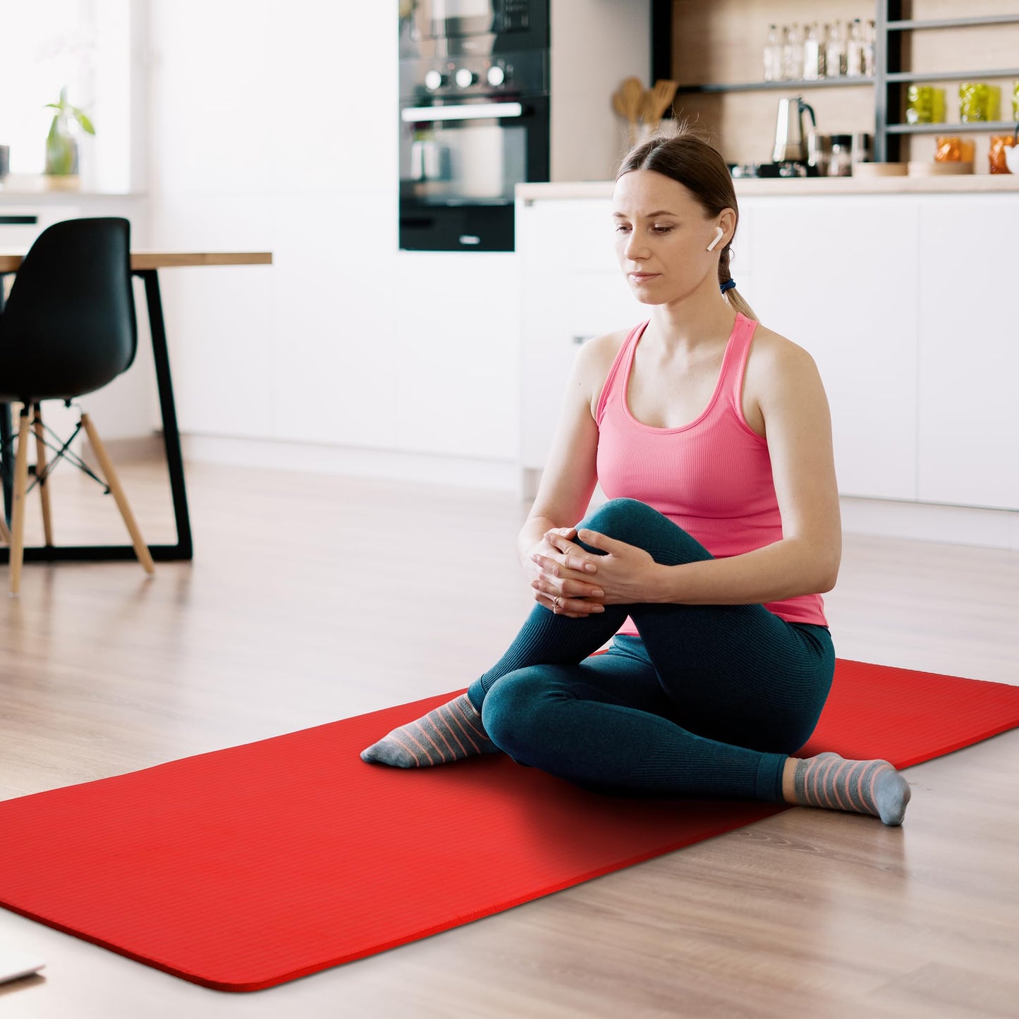 Fitvids 1/2-Inch Thick High Density Foam Exercise Yoga Mat with Carrying Strap, For Cushioning The Body Against Hard Floors, Red