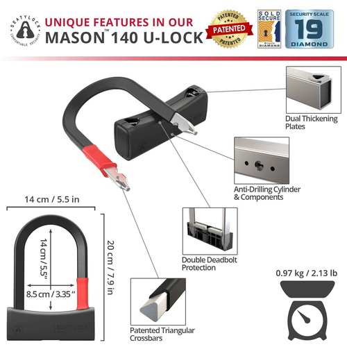 Seatylock Mason Bike U Lock - Patented Heavy Duty Anti Theft Diamond Secure ULock - Ultra Security Bicycle Safety Tool with Keys for City Electric or Mountain Bikes and Scooters (5.5 Inch)