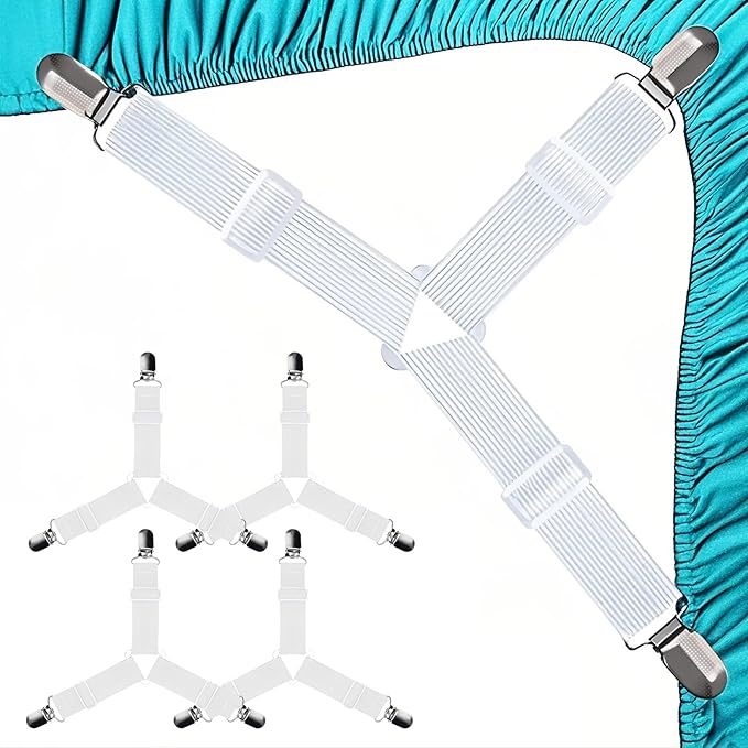 4 PCS Fitted Bed Sheet Straps - Elastic Suspenders with Metal Clips for Bed Sheets, Mattress Covers, Sofa Cushions - Adjustable Fasteners to Keep Sheets Wrinkle-Free (White-4pcs)