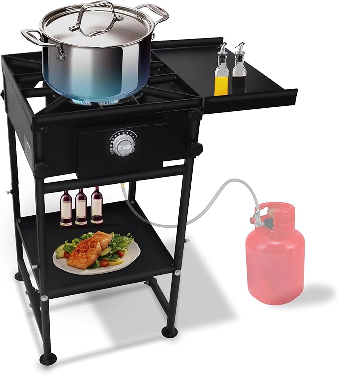 Single Propane Burner Stove - 1,30,000 High btu Propane Burner Camping Stove with Side Shelf & Bottom Shelf - Steel Single...