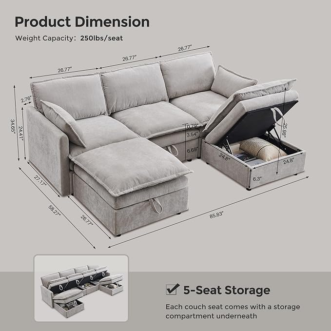 85.83" Sectional Couches for Living Room, Cloud Couch Sectional with Large Storage Ottoman, U-Shape Modular Sectional Sofa with 5 Seater Chenille Sofa and Pillow for Apartment, Bedroom, Light Gery