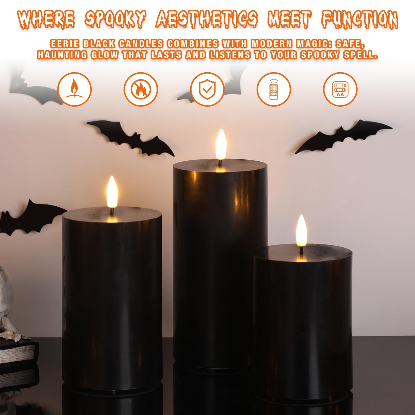 Girimax Black Halloween Flameless Candles with Remote, LED Pillar Candles Set of 3, Flickering Real Wax Electric Candles Battery Operated