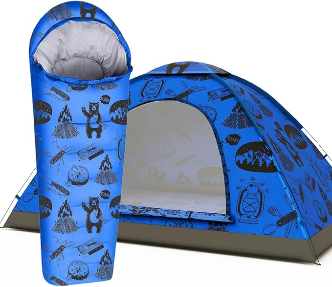 Adventure Theme Kids Sleeping Bag and Kids Tent Bundle