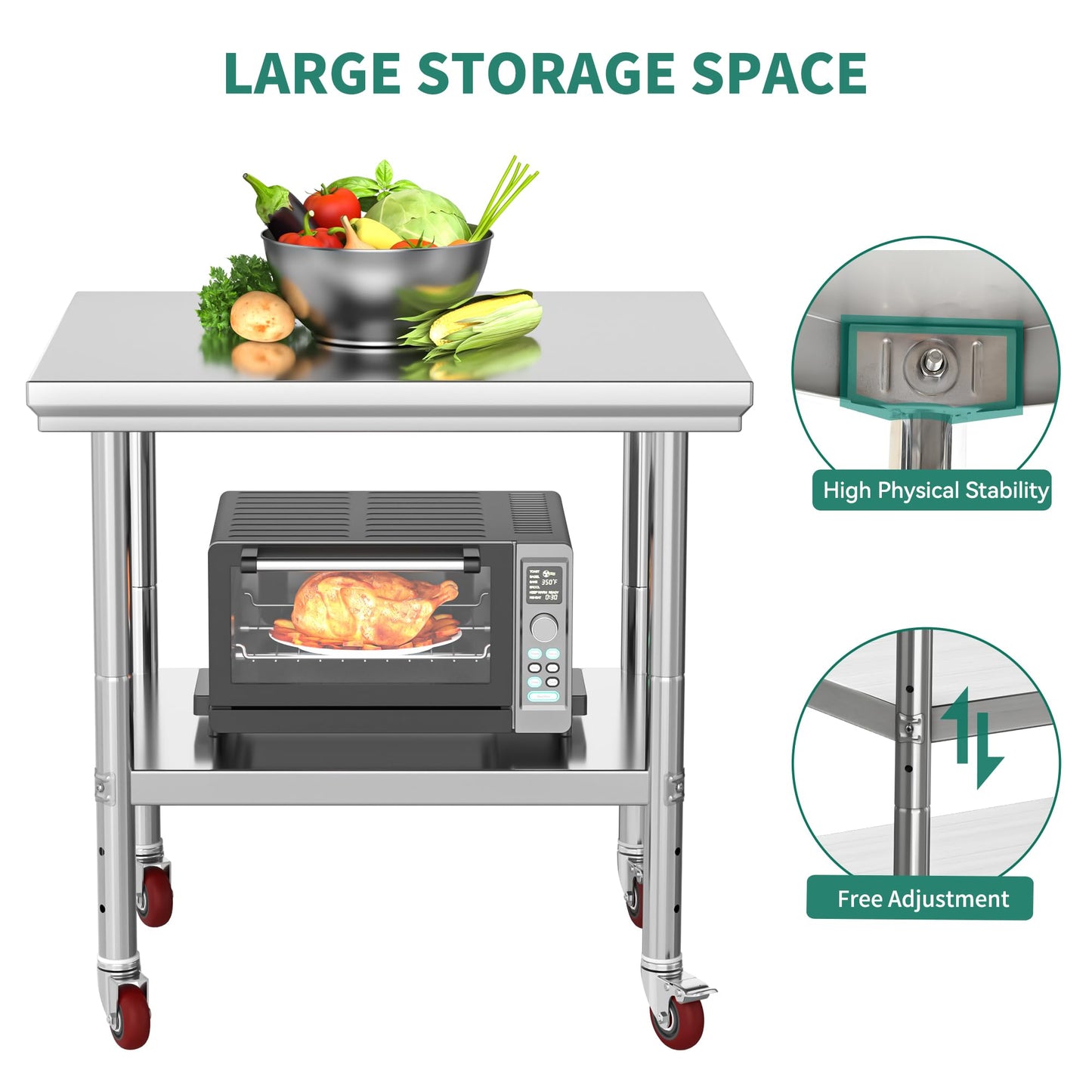 YITAHOME NSF Stainless Steel Table, 30" X 24" Work Table with Wheels, 2 Shelves Metal Prep Worktable for Home Kitchen Restaurant Garage Warehouse Outdoor