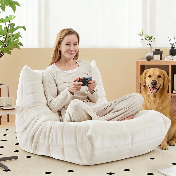 Bean Bag Chairs for Adults - Comfy Memory Foam Fireside Chair, Adult Size with Soft Dutch Velvet Fabric Beanbag Couch, Versatile for Living Room, Dorm, Reading Corner & Gaming (White)