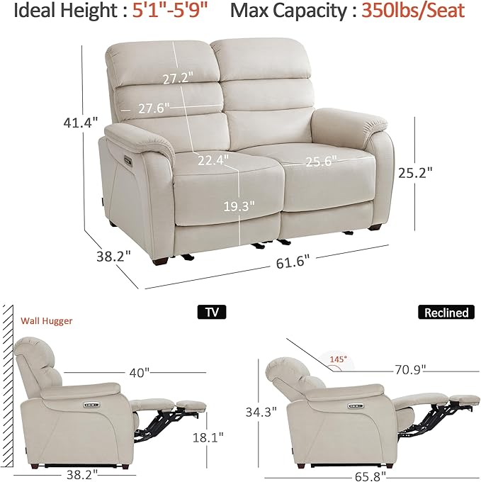 MCombo 61.6'' Wall Hugger Power Loveseat Recliner, Reclining Loveseat with Adjustable Headrest, USB Charge Ports, Wood Legs for Living Room, RVs, Small Spaces, Fabric ST258M1 (Loveseat, Beige)