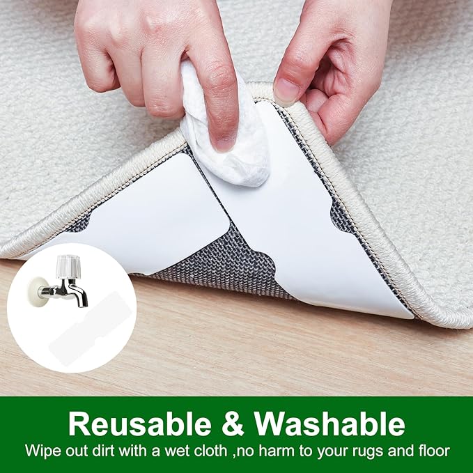 Rug Tape,12Pcs Non Slip Grippers for Rug,Double Sided Reusable Rug Stopper Keep Area Rugs Corners from Curling and Bunching,Washable Rug Pad Grippers for Hardwood Floors, Tile Floors (White)