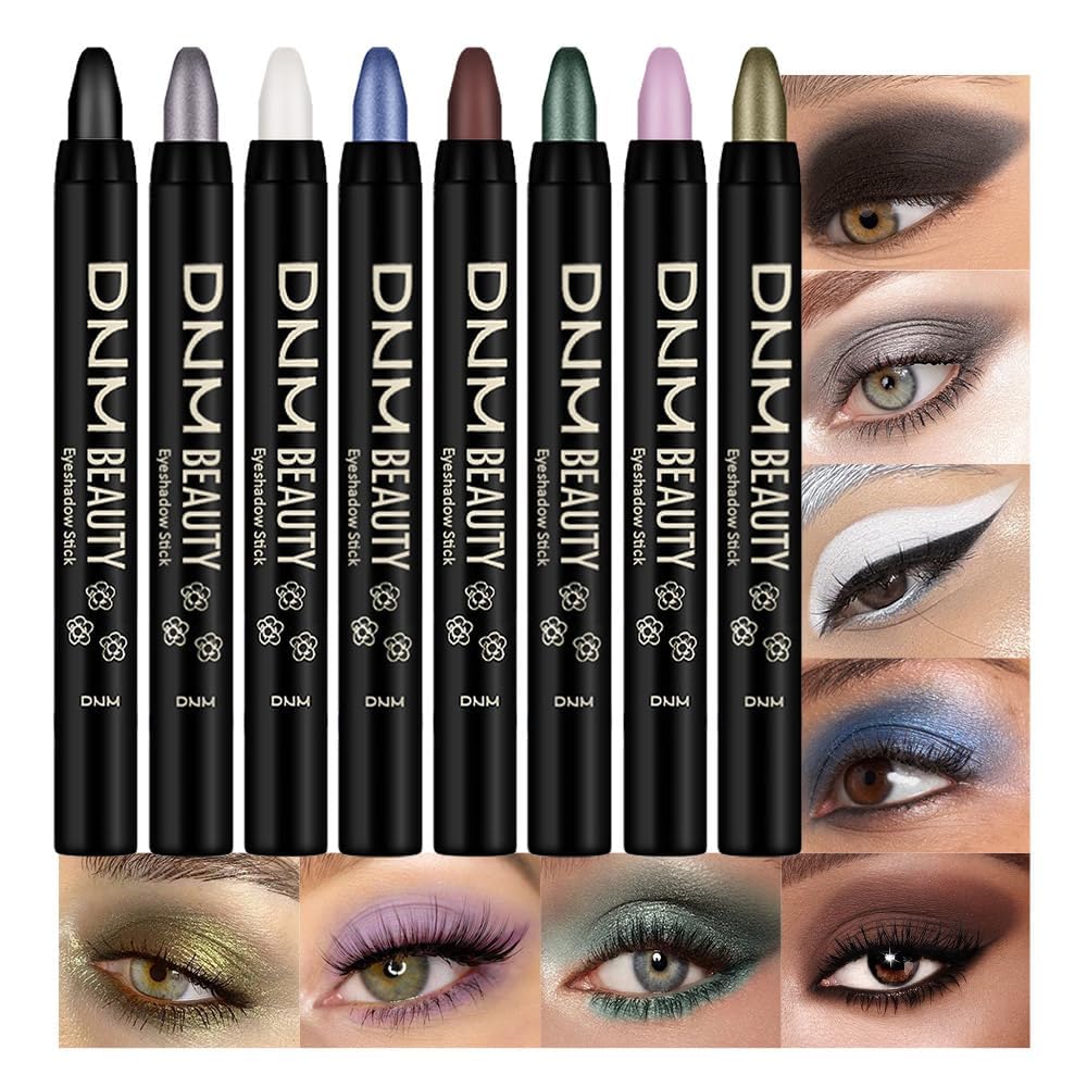 evpct 8Pcs Cream Eyeshadow Stick Set for Women, Black White Lavender Purple Matte Blue Chocolate Emrald Green Grey Shimmer, Silk
