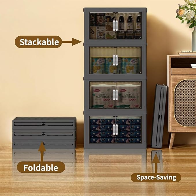 Collapsible Storage Bins with Lids Black Stackable Plastic Organizers for Clothes, Decor, Craft Supplies & Home Storage (2 racks, 17 Gal/rack)